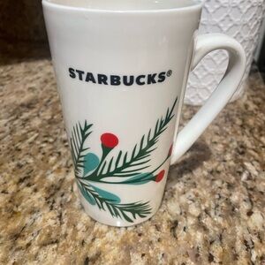 Starbucks Festive White Mug with Green and Red Accents